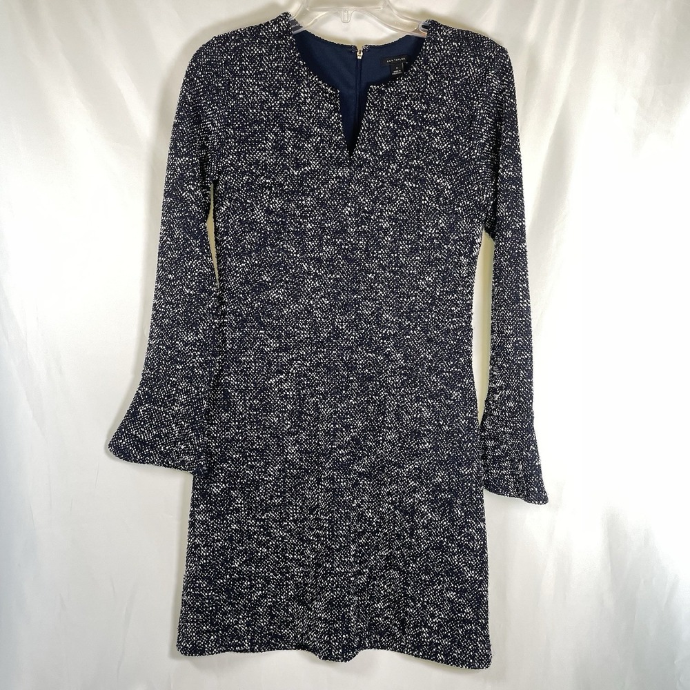 Ann Taylor Womens Dress 4 Navy V-Neck Bell Sleeve Back Zip Stretch Casual Sheath